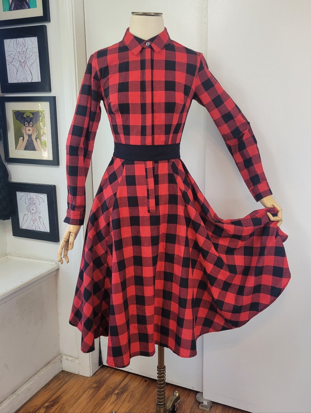 Collectif Red and Black Plaid Shirtwaist Dress with Black Waistband